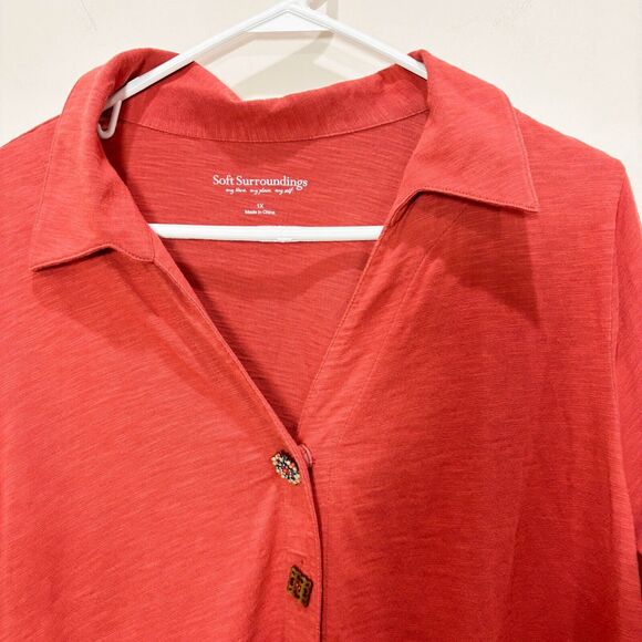 Soft Surroundings Orange Coral Tunic 1X Mixed Buttons Lagenlook Art-To-Wear - Picture 2 of 11